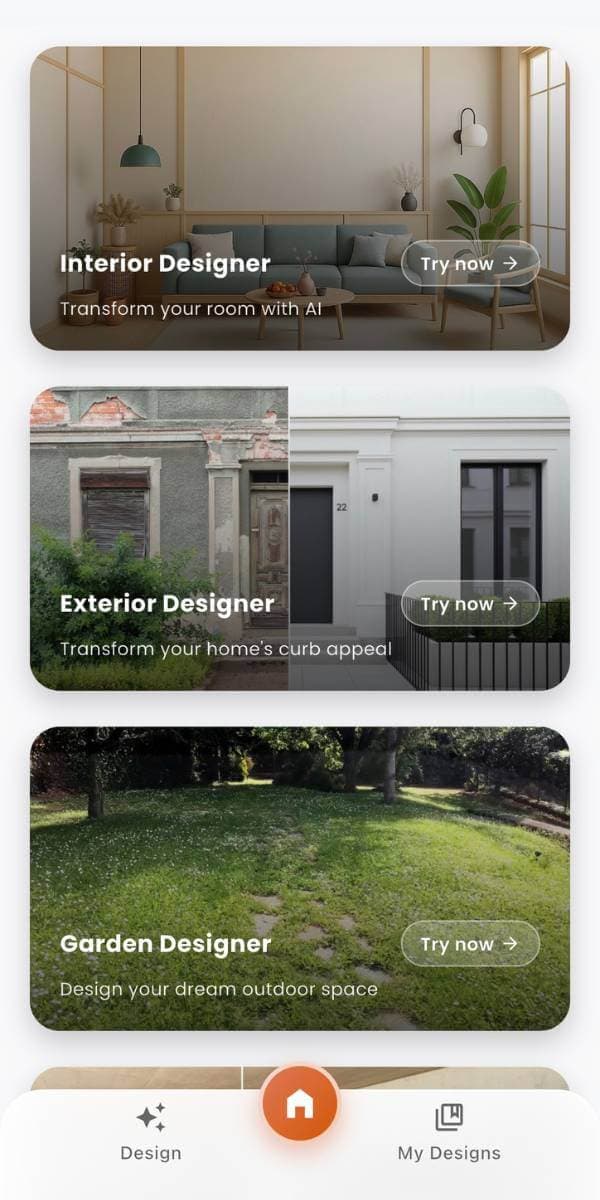 DecorAI AI interior design app interface showing room transformation