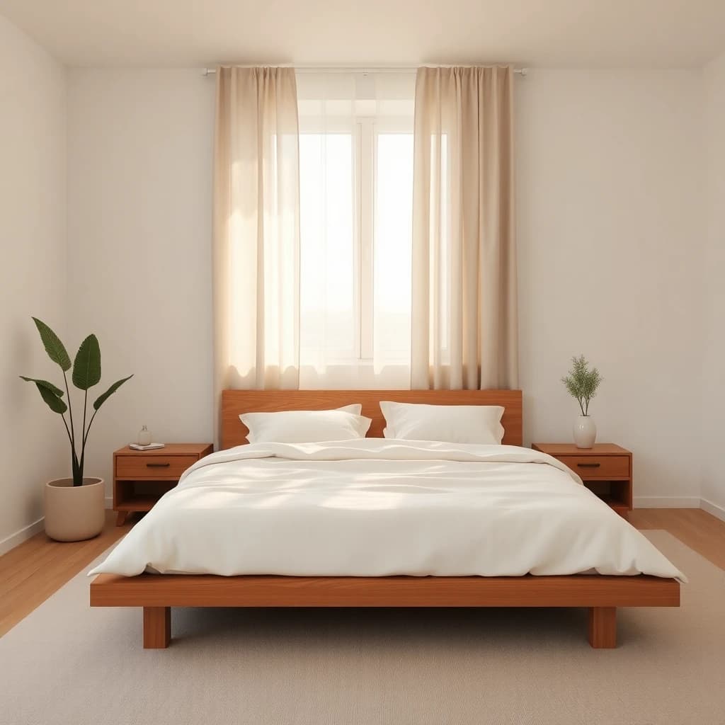 AI bedroom design showing a beautiful minimalist Japandi room with cream linen bedding, oak nightstands, and soft morning light