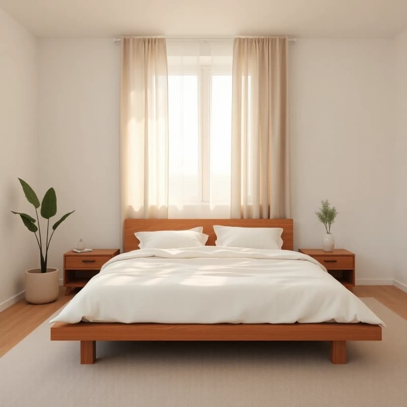 AI bedroom design showing a beautiful minimalist Japandi room with cream linen bedding, oak nightstands, and soft morning light