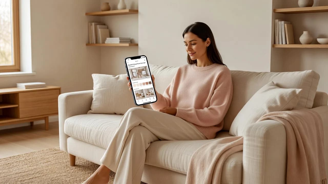 Woman comparing a redesigned living room on her phone using an AI interior design app while sitting in her bright, newly styled home