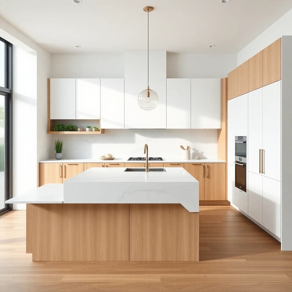 AI kitchen design showing a modern minimalist kitchen with white oak cabinetry, marble island, and pendant lights