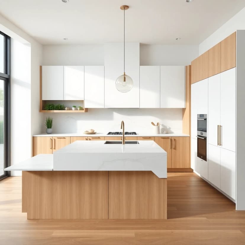 AI kitchen design showing a modern minimalist kitchen with white oak cabinetry, marble island, and pendant lights