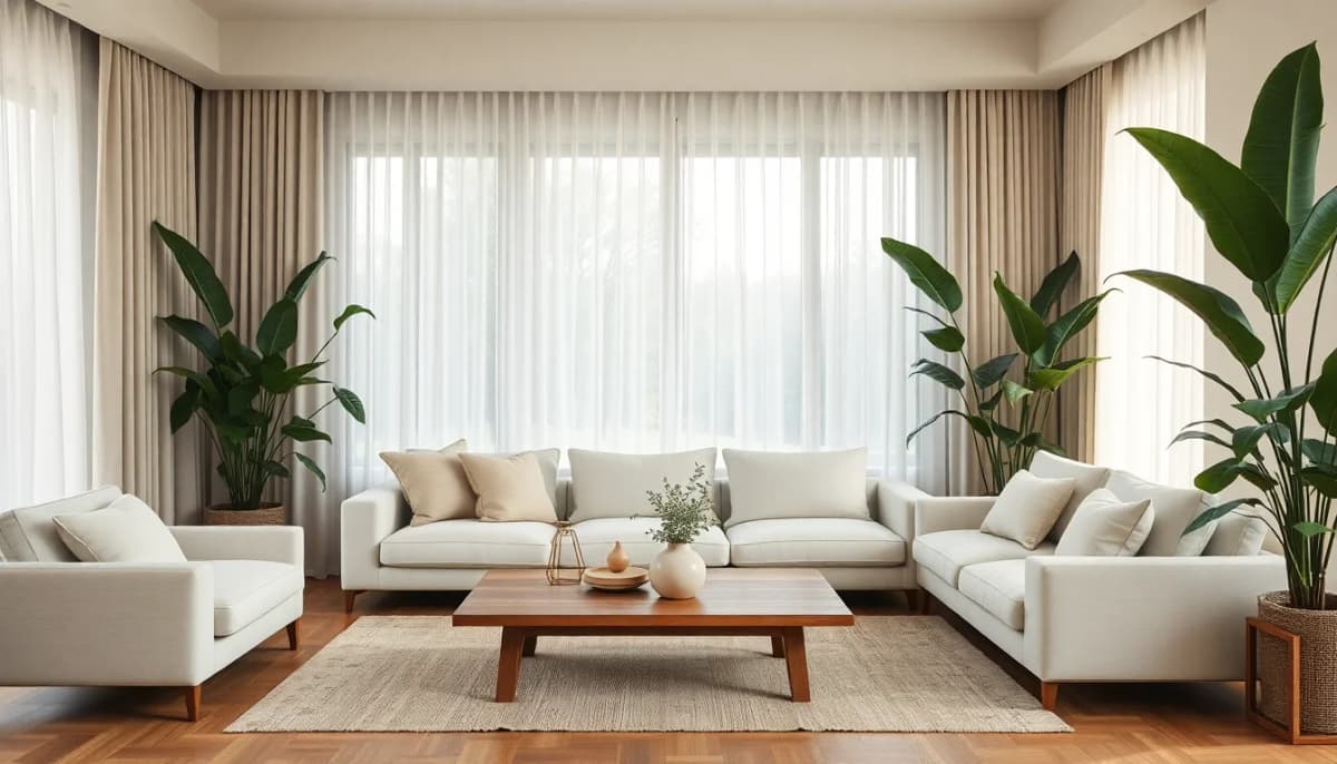 AI living room design showing a beautiful Japandi style room with cream sofa, oak coffee table, and natural plants