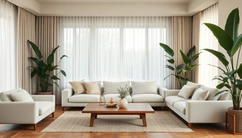 AI living room design showing a beautiful Japandi style room with cream sofa, oak coffee table, and natural plants