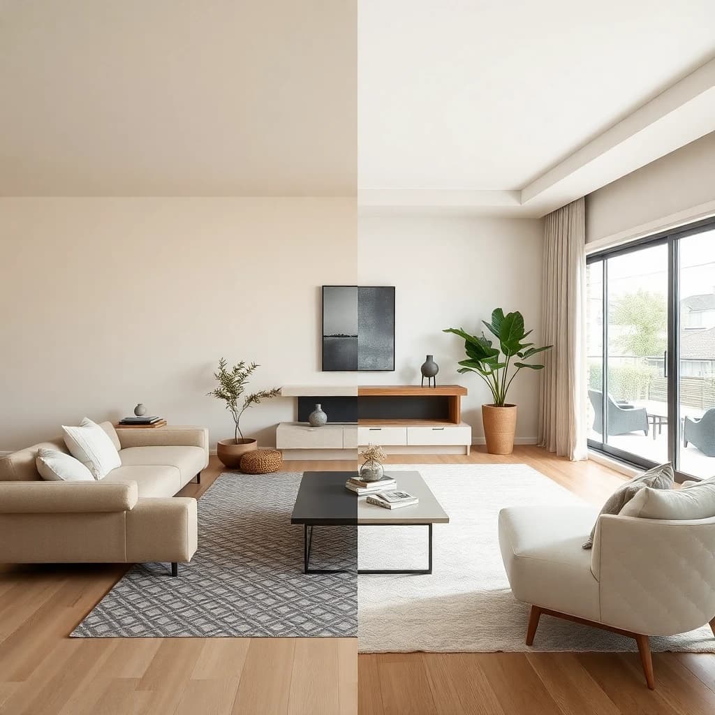 Before and after AI room redesign showing a plain living room transformed into a beautiful Japandi interior