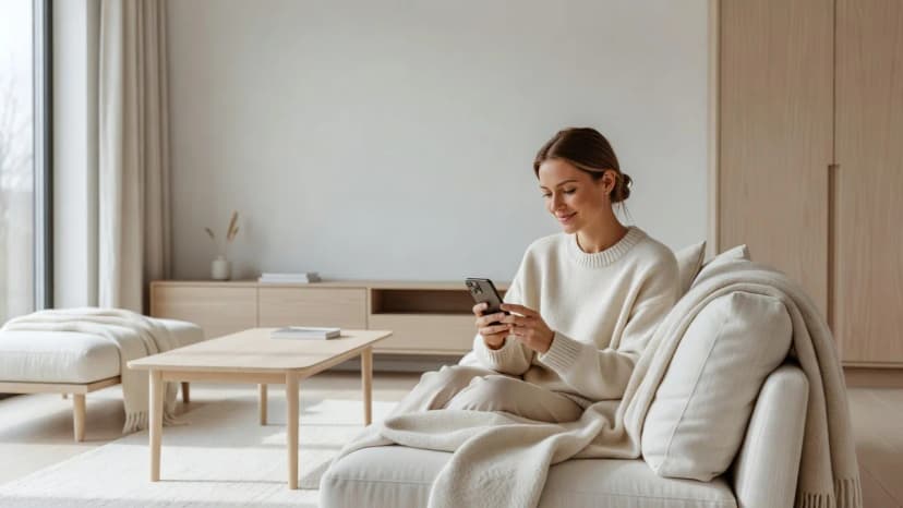 Woman using the best AI home design app on her phone in a bright, beautifully redesigned modern living room