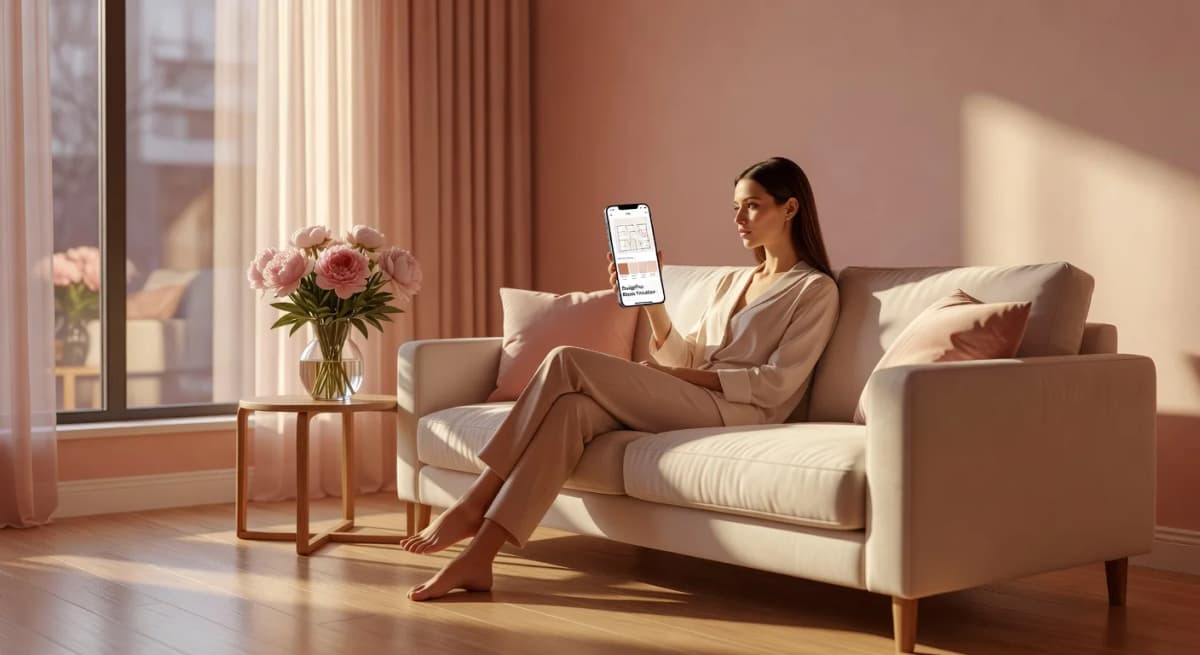 Woman sitting on a cream sofa using the best AI interior design app on her phone in a warm blush-toned living room