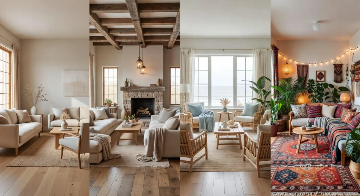 A grid of interior design styles — Japandi, modern farmhouse, coastal, and bohemian — showing how AI helps you find your interior design style