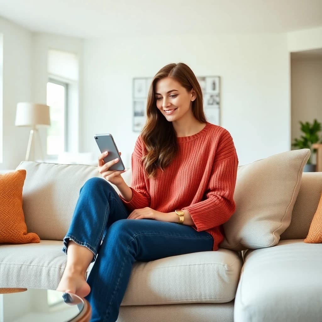 Woman using a free AI interior design app on her phone in a beautiful bright living room
