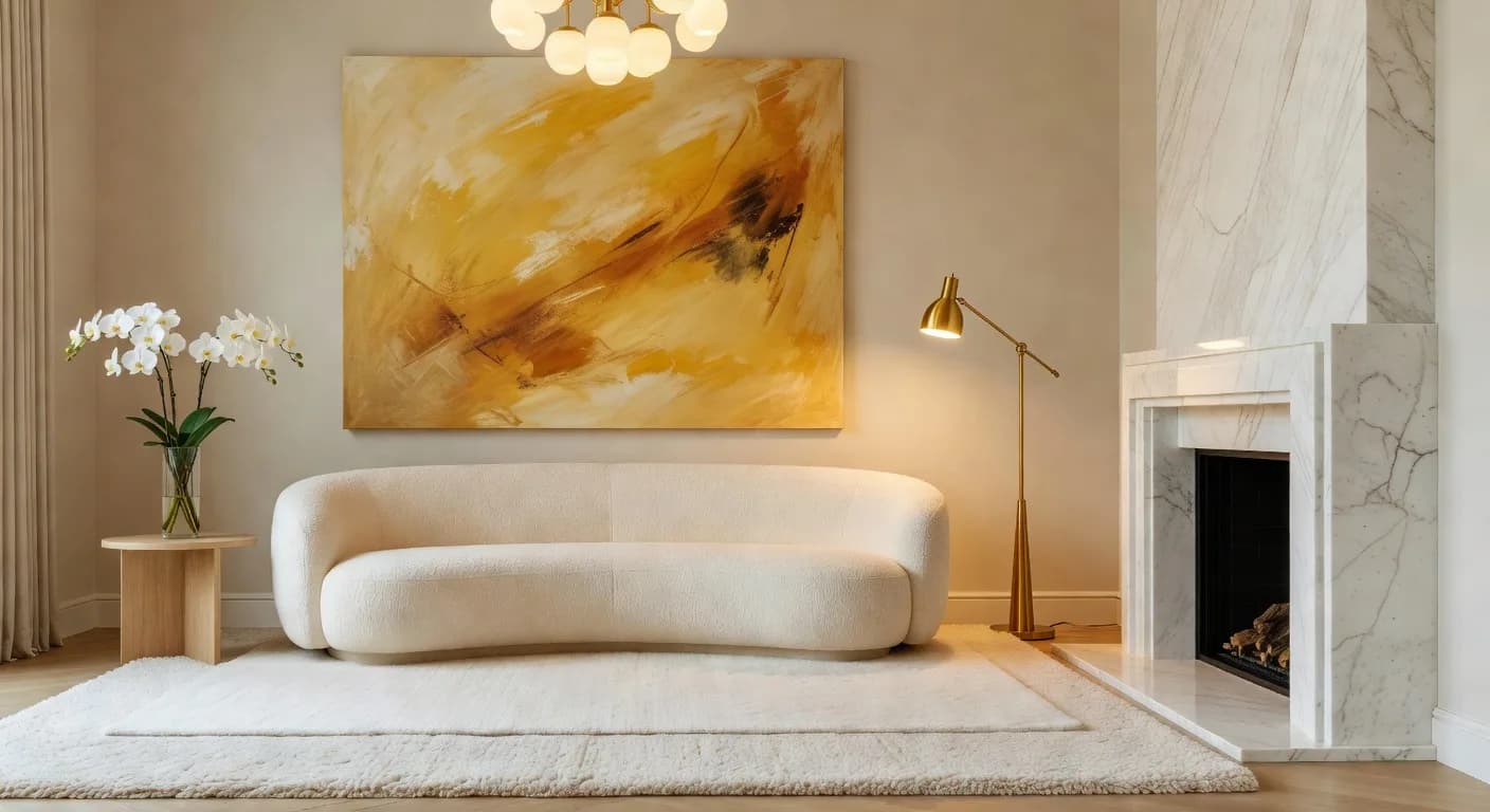 Luxurious-looking modern living room with cream bouclé sofa, marble fireplace, and warm chandelier light