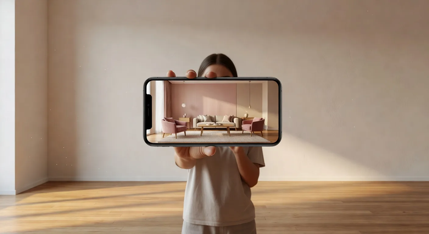 Woman holding a phone in front of her living room, the screen showing her room redesigned with AI from a single photo