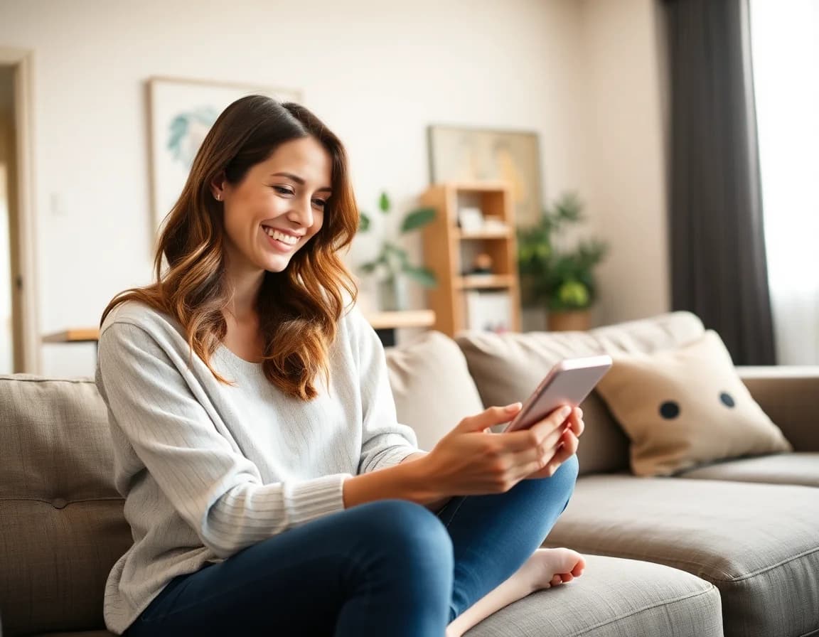 Woman using free AI interior design app on her phone to redesign her living room