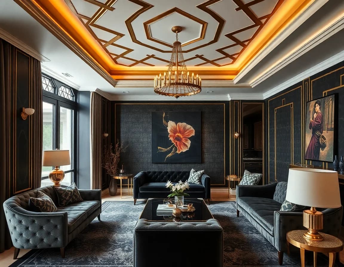 Art Deco ai interior style β luxurious living room with gold accents and velvet
