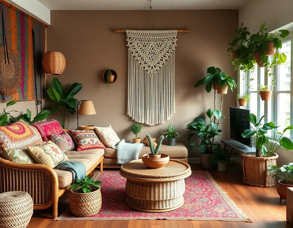 Bohemian ai home design style β eclectic colorful living room with rattan furniture