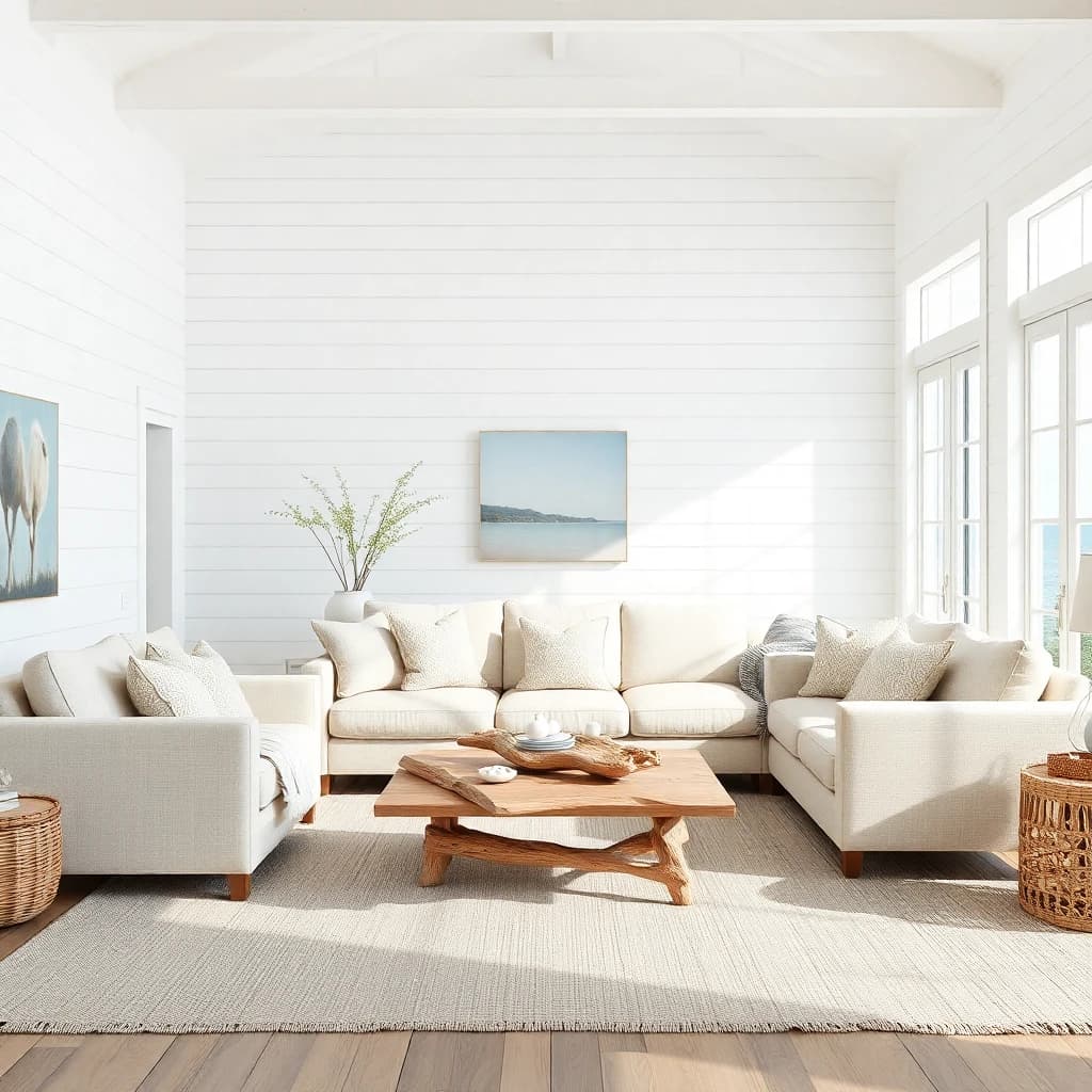 Coastal ai interior design style β bright beach house living room with linen sofa and driftwood accents