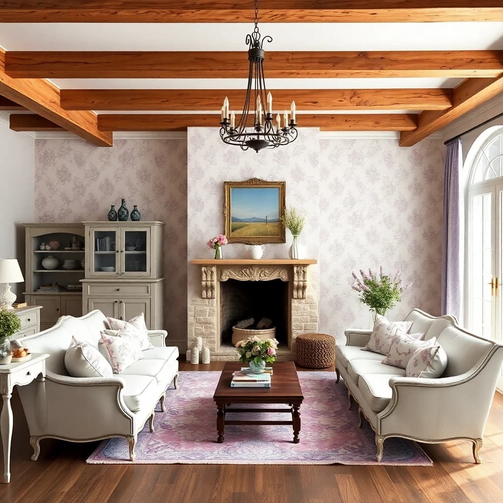 French Country ai interior design style β romantic living room with stone fireplace and vintage chandelier