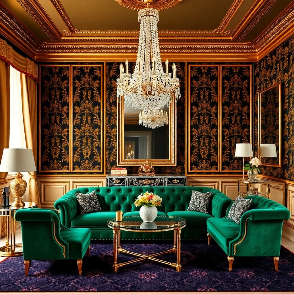Hollywood Regency ai interior design style β glamorous living room with emerald velvet sofa and gold accents