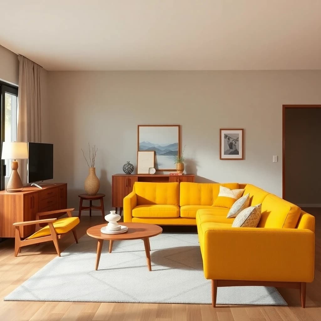 Mid century modern ai interior design style β living room with teak furniture and mustard yellow sofa