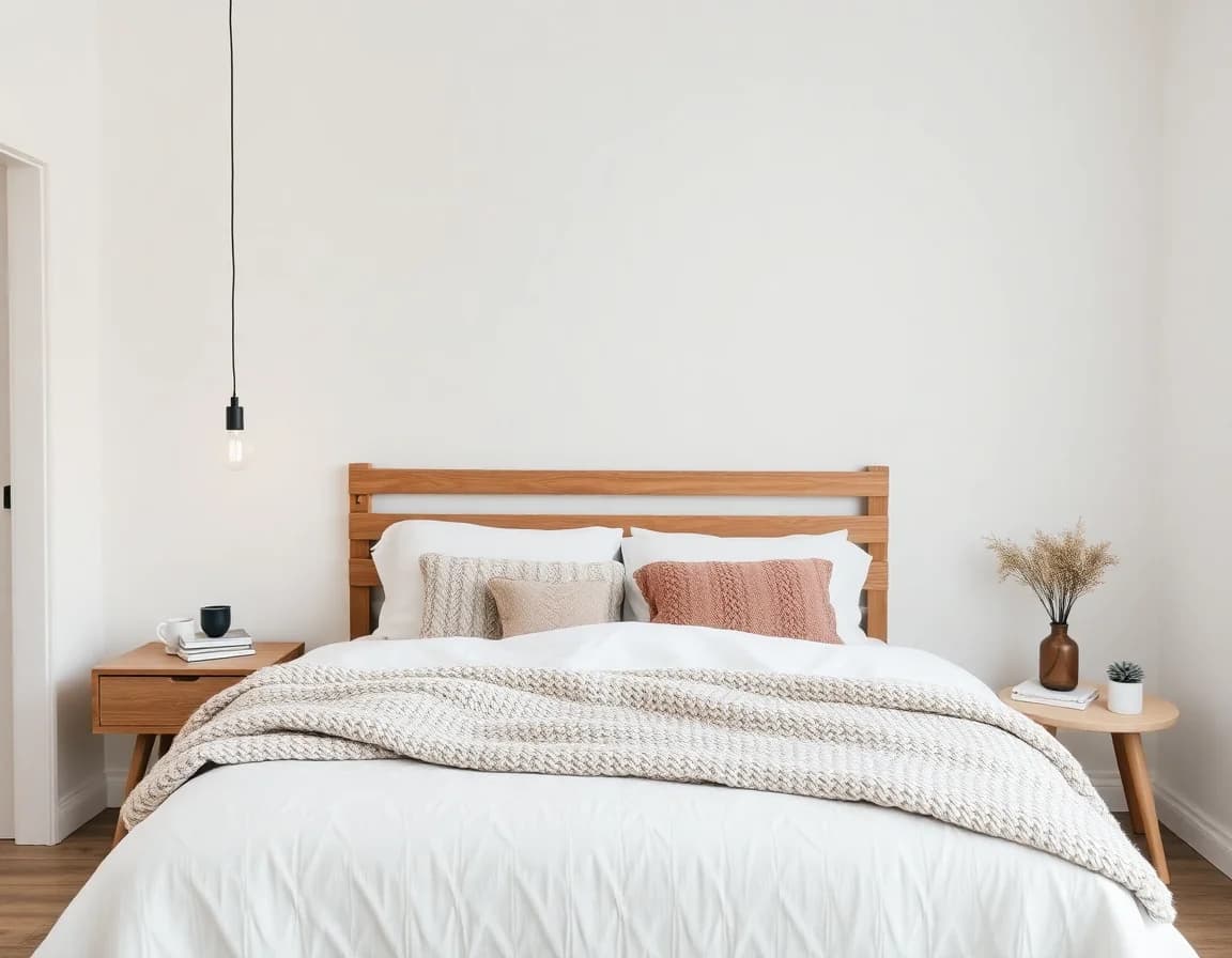 Scandinavian ai room design style β clean white bedroom with wooden accents