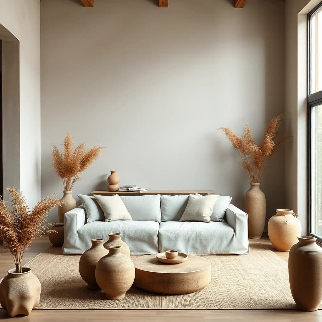 Wabi-Sabi ai interior design style β organic living room with raw linen sofa, ceramics, and dried grasses