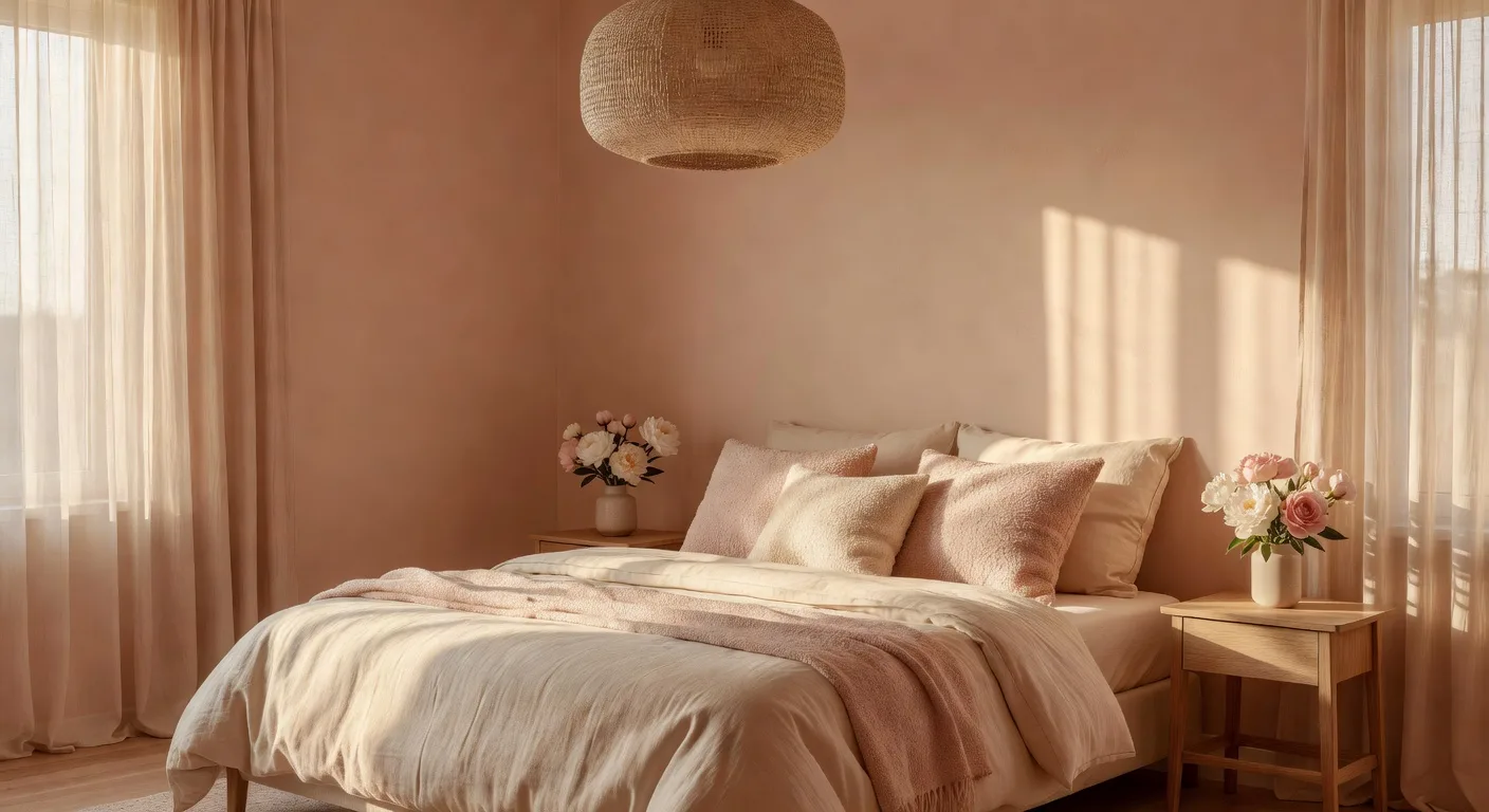 Cozy bedroom transformed with the best AI interior design app, showing a cream linen bed with bouclé pillows and oak nightstands