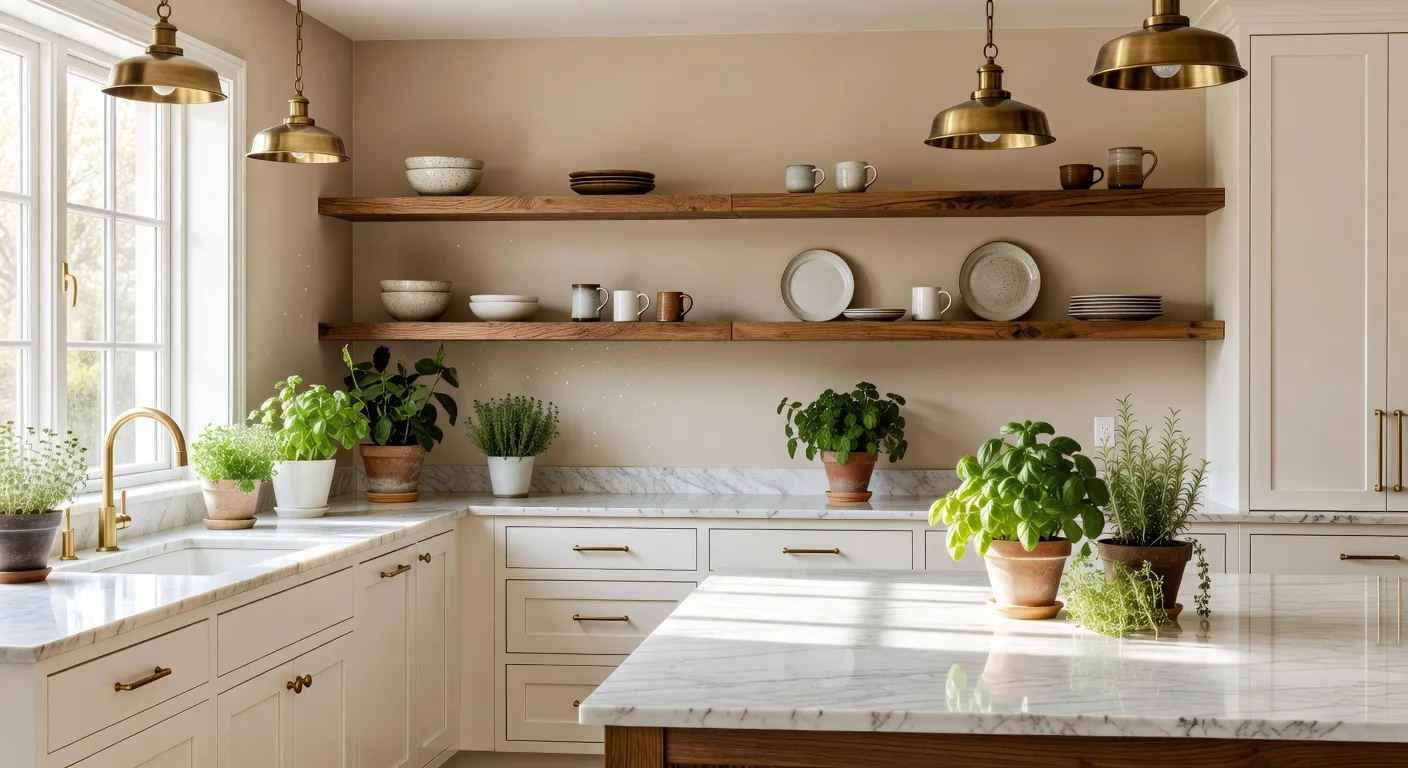Modern farmhouse kitchen designed with the best AI interior design app, with warm white shaker cabinets, marble countertop, and brass pendant lighting