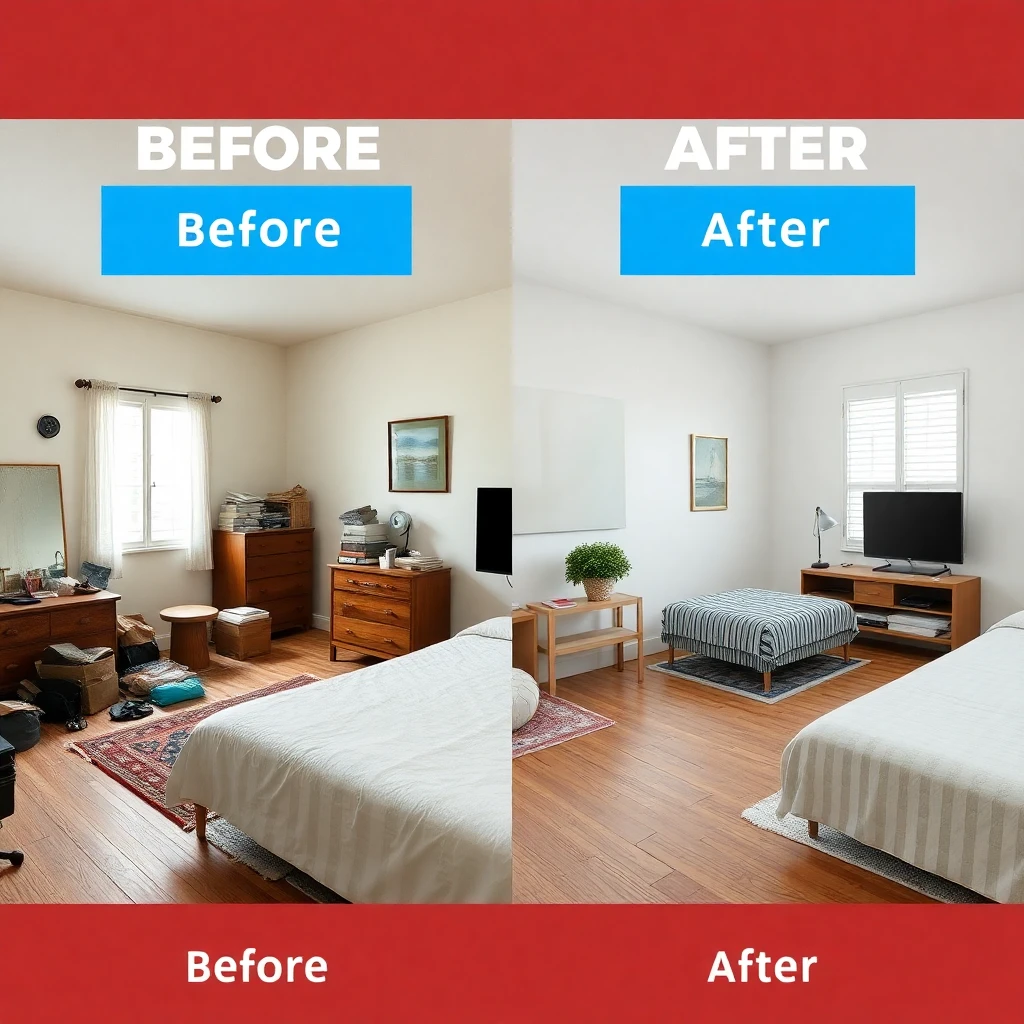 Before and after AI bedroom design showing a dated cluttered room transformed into a calm modern minimalist bedroom