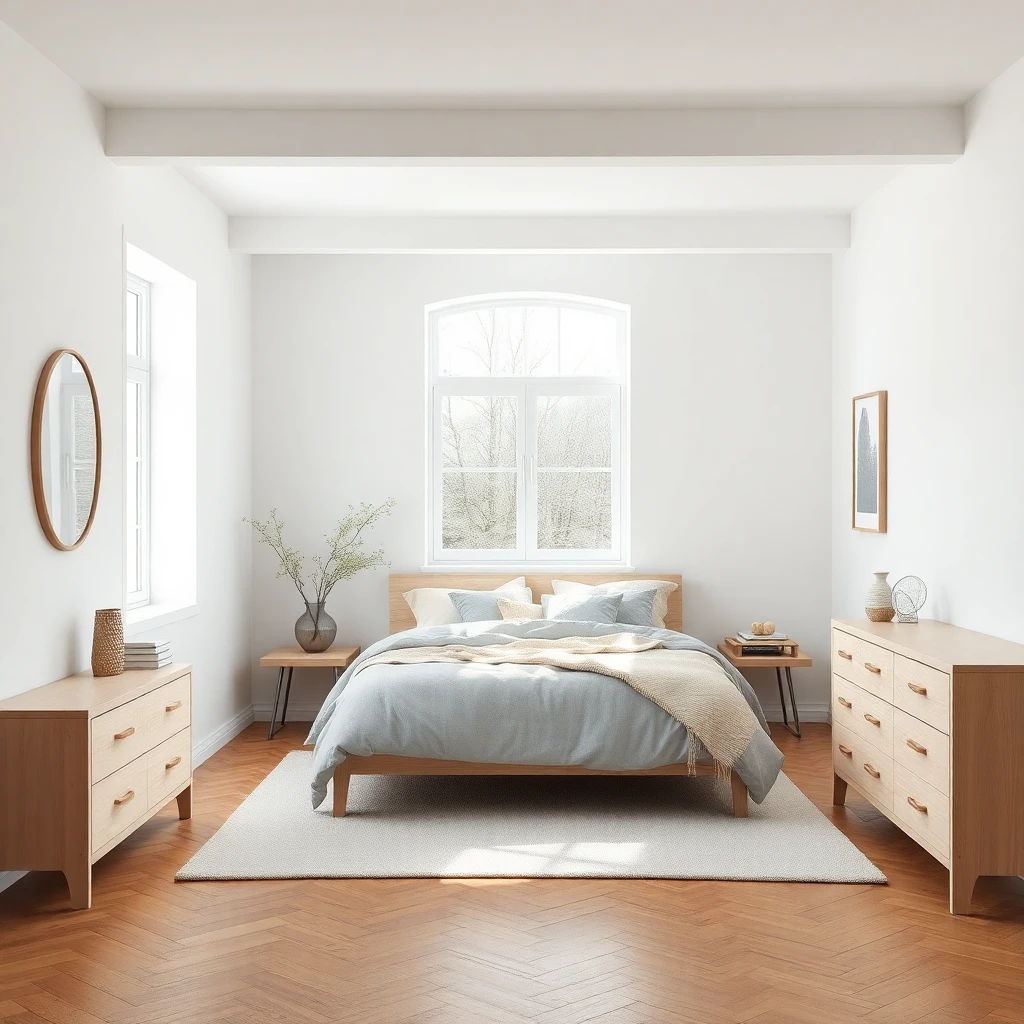 Scandinavian AI bedroom design with pale wood furniture, white and grey textiles, and soft natural daylight