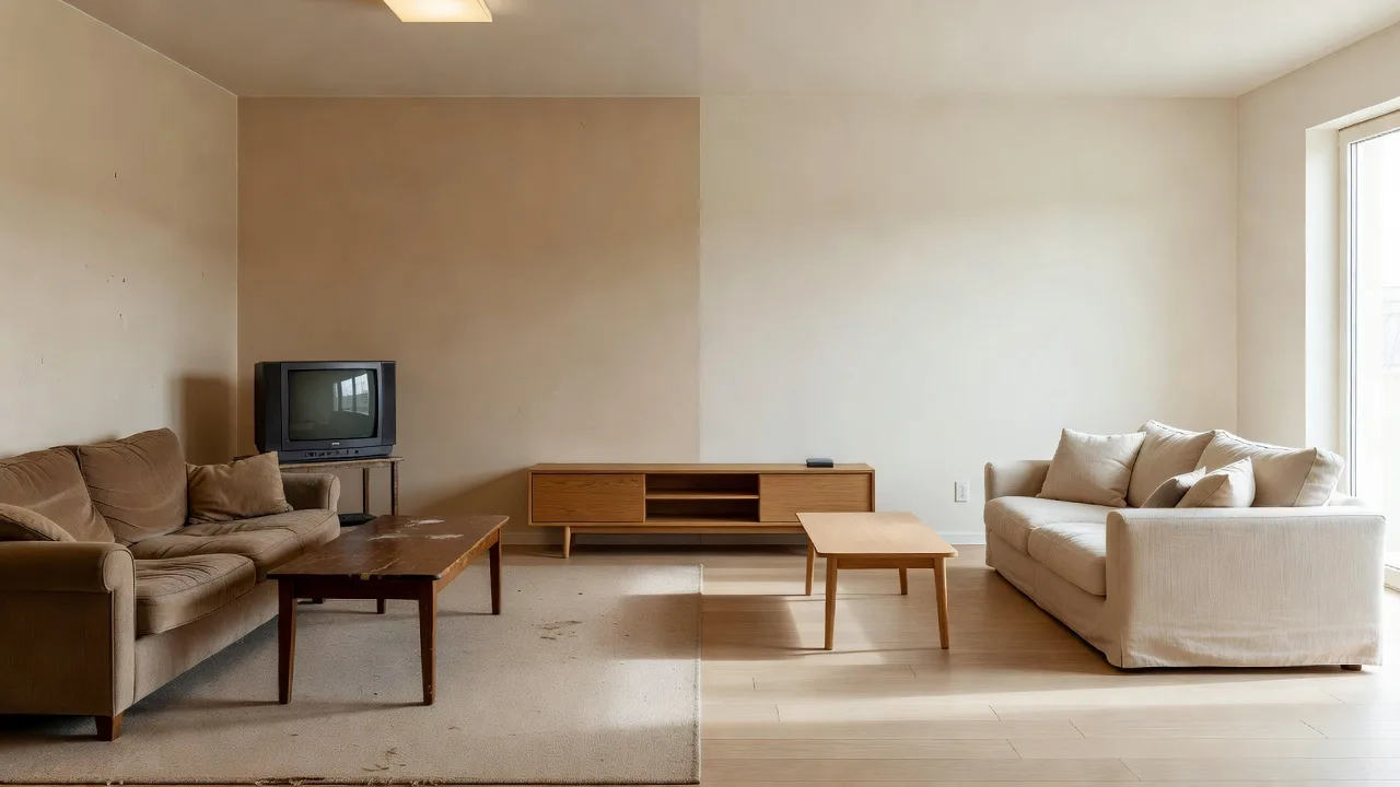 Split composition showing a plain outdated living room transformed into a bright, styled Japandi living room using an AI interior design app