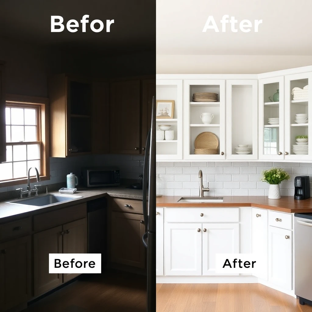 Before and after AI kitchen design showing a dark outdated kitchen transformed into a bright modern farmhouse kitchen with white cabinets and open shelving