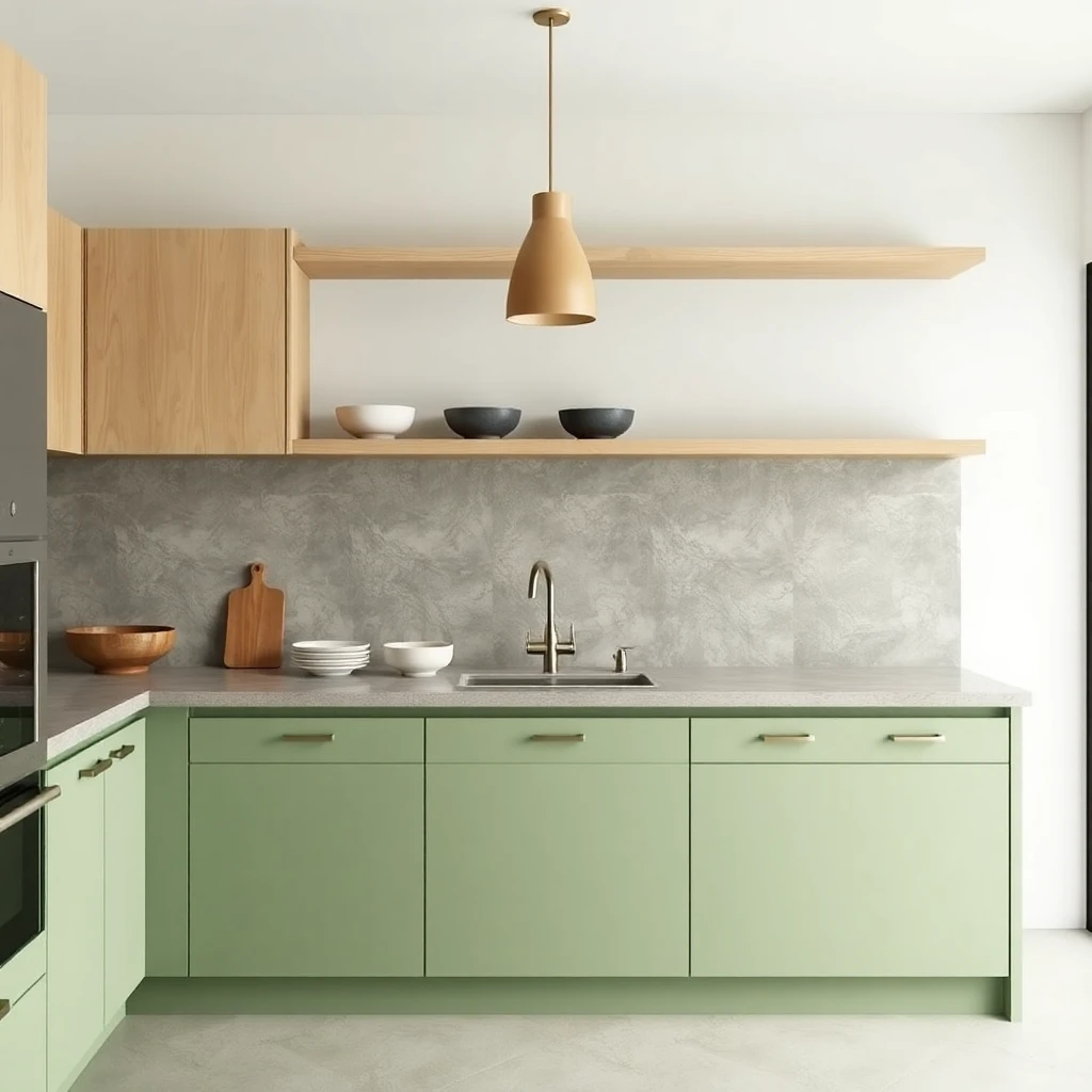 Japandi AI kitchen design with sage green lower cabinets, pale oak shelving, stone countertop, and ceramic accessories