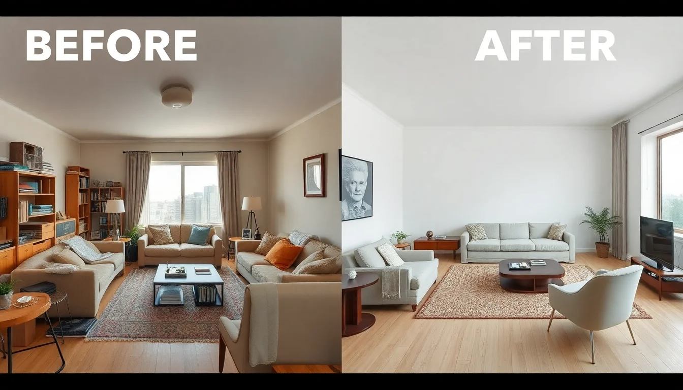Before and after AI living room design showing a dated room transformed into a modern minimalist space
