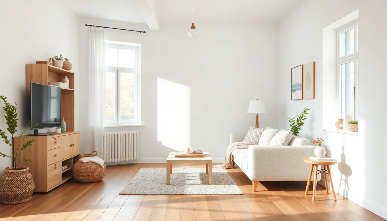 Scandinavian AI living room design with pale wood furniture, soft white tones, and natural light