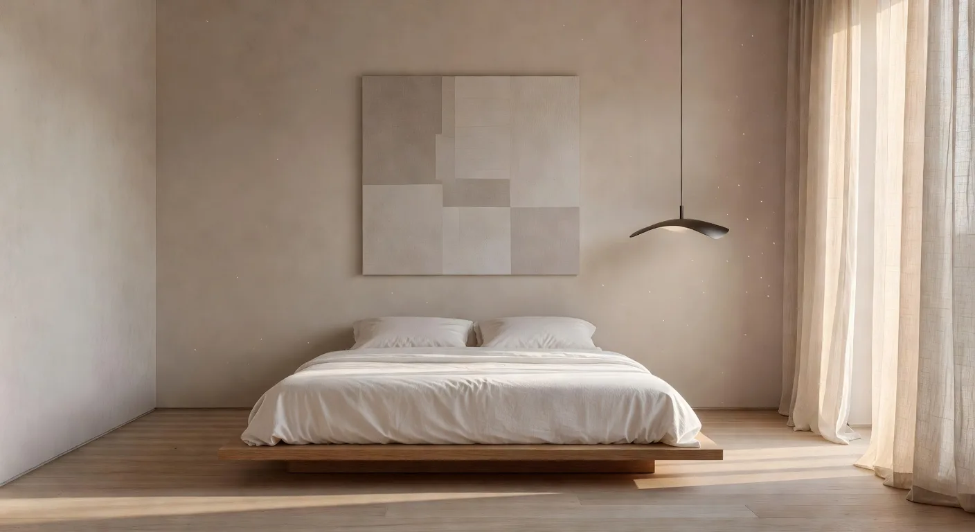 Modern minimalist bedroom redesigned with AI from a single photo, with low platform bed, cream linen, and warm morning light
