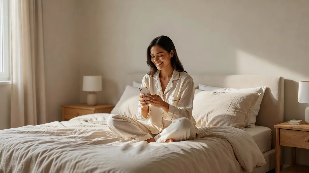 Happy woman using the best AI home design app to redesign her bright, minimalist bedroom on her phone