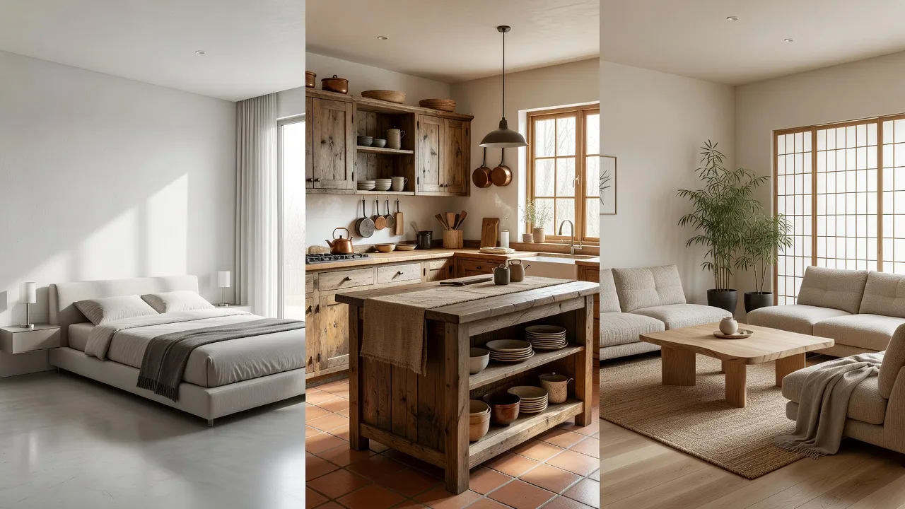 Collage of rooms redesigned with the best AI home design app, showing a bright bedroom, modern kitchen, and cozy living room in different styles