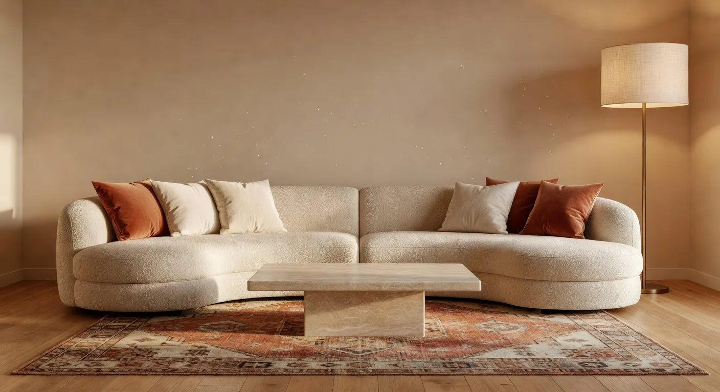 Cozy modern living room with curved cream bouclé sofa, low travertine coffee table, and warm golden hour light