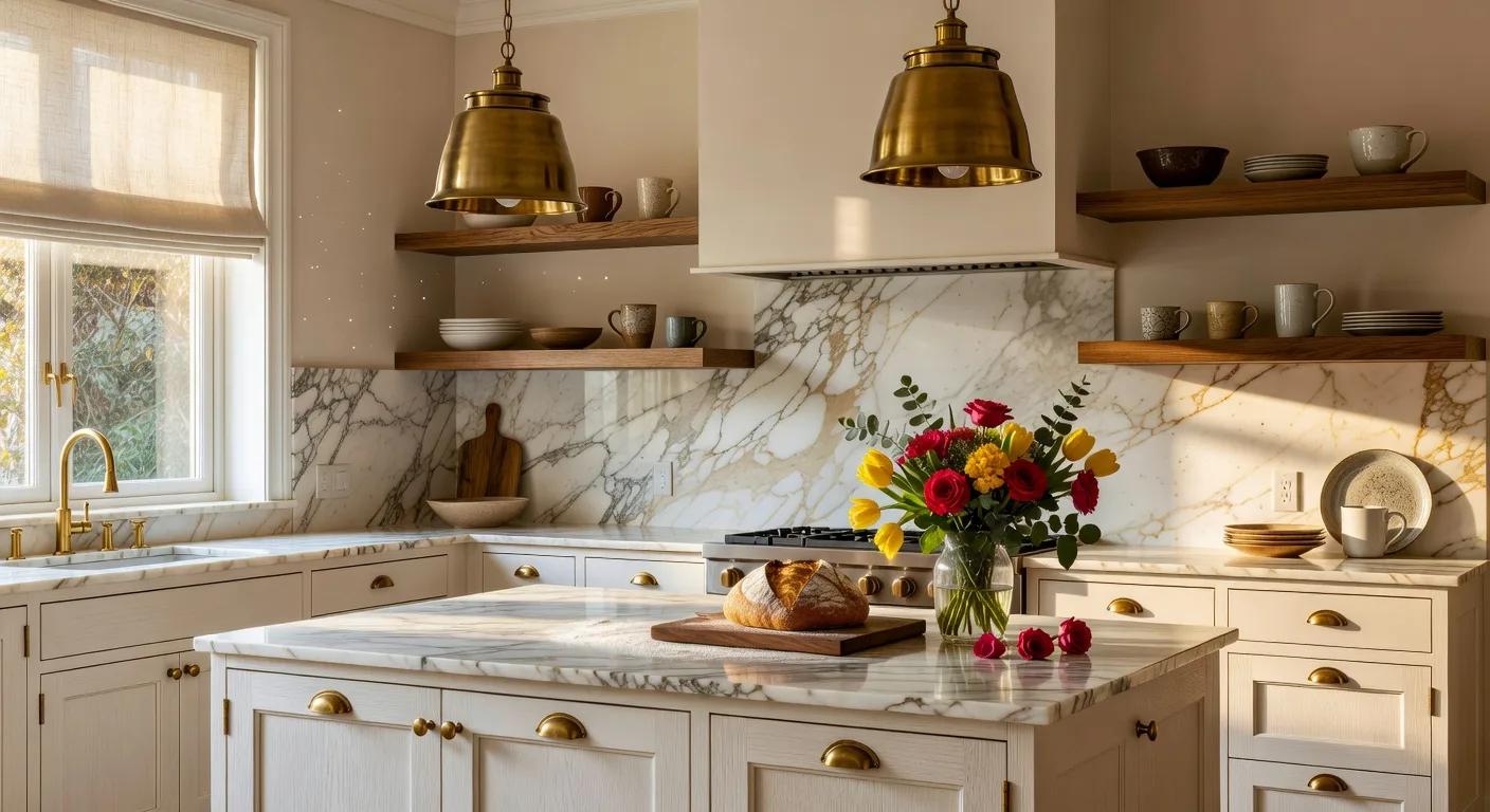 Expensive-looking kitchen with warm white shaker cabinets, full marble backsplash, brass hardware, and oak floating shelves