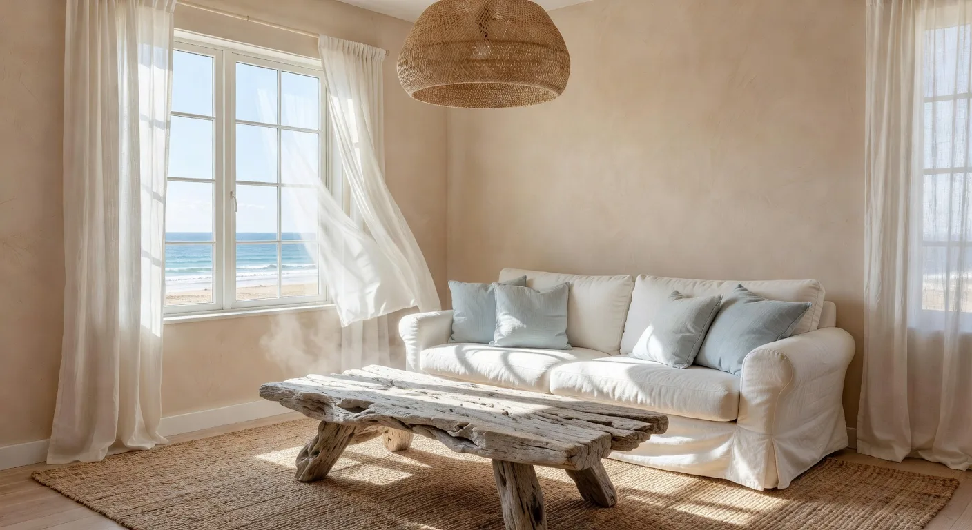 Coastal living room example for finding your interior design style with AI, with white slipcovered sofa, pale blue accents, and weathered driftwood coffee table