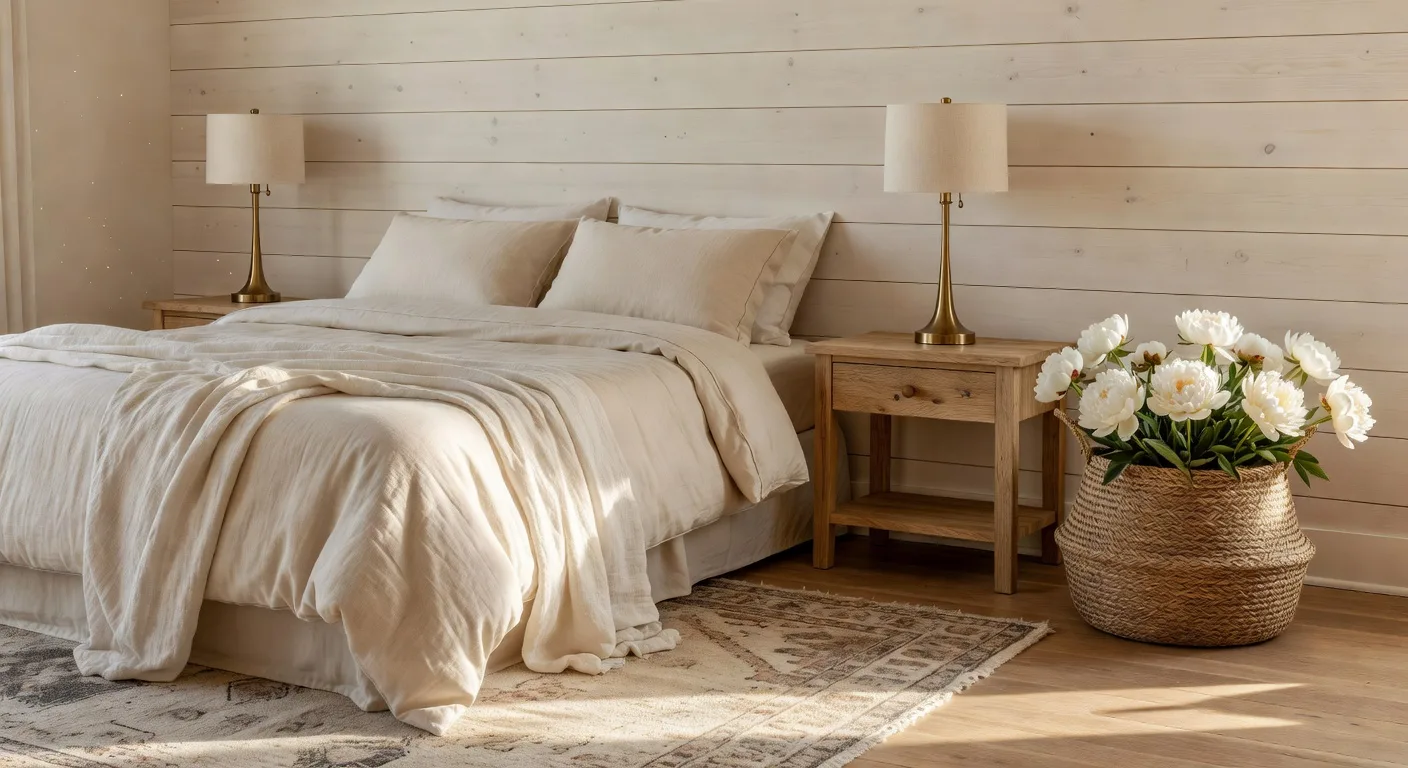 Modern farmhouse bedroom example for an interior design style finder, with warm white shiplap, oak nightstands, and cream bedding