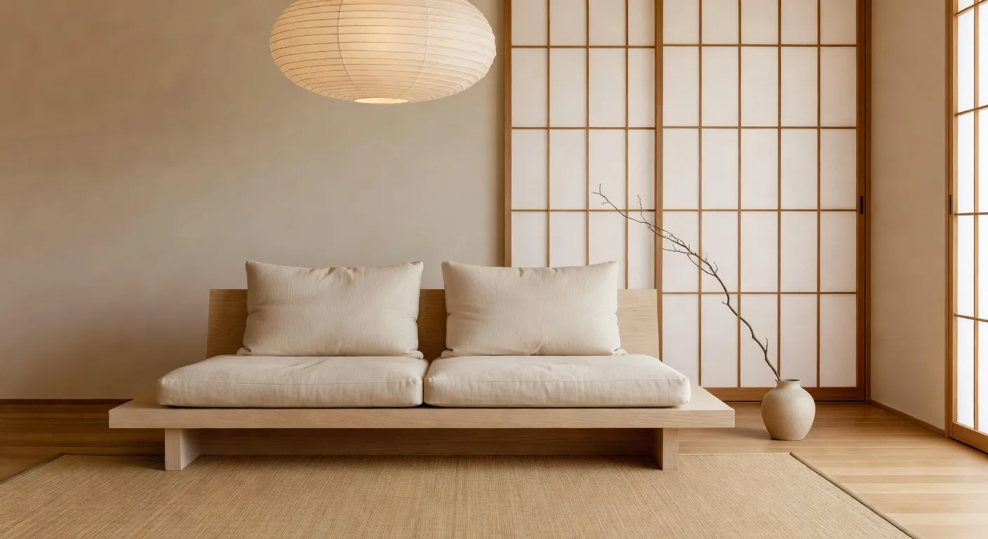 Japandi living room with low platform sofa, paper pendant lamp, oak floor, and minimal styling
