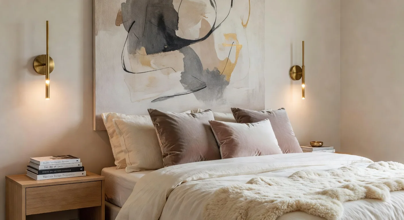 Luxury minimalist bedroom on a budget with cream linen bed, velvet pillows, brass wall sconces, and oversized abstract art
